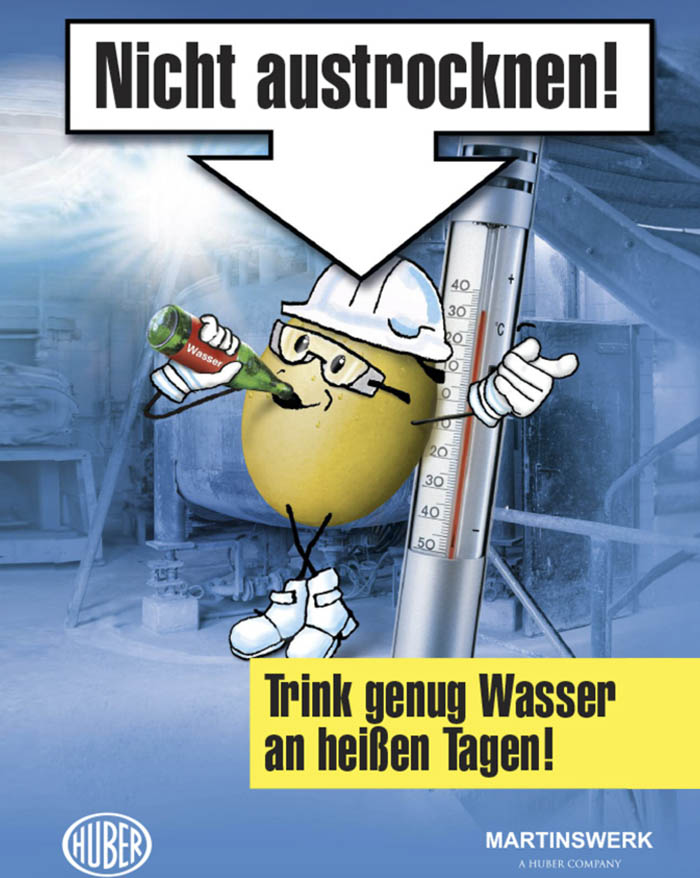 Kampagnenmotiv mit Comicfigur, die Wasser trinkt – umgesetzt von Atelier Steinbüchel & Partner aus Köln für den Industrie-Sektor