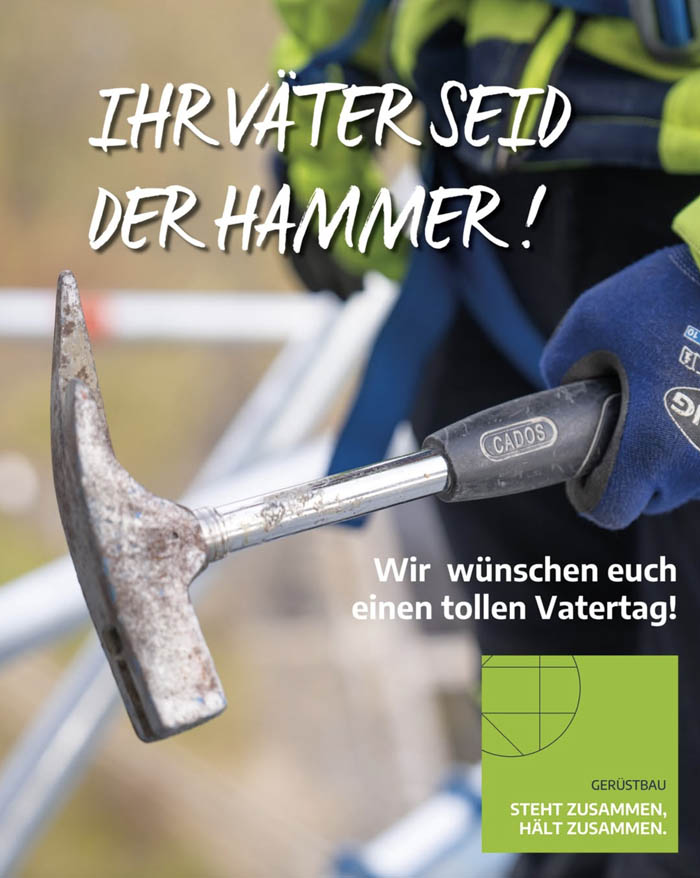 Hand hält Hammer – Kampagnenmotiv zum Vatertag aus dem Handwerk, entwickelt für Social Media von Atelier Steinbüchel & Partner
