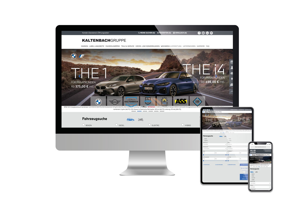 Webdesign-Referenz: Responsive Website für die Kaltenbachgruppe mit Fahrzeugsuche, Markenübersicht und Leasingangeboten auf Desktop, Tablet und Smartphone