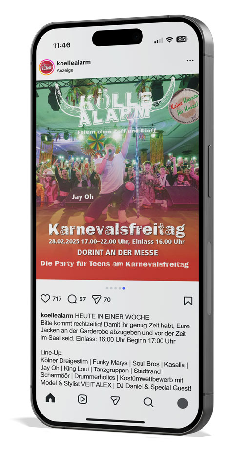 Social Media Anzeige KölleAlarm Handy mit einer Anzeige von KölleAlarm auf Instagram